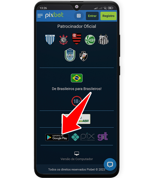 Passo 1 da instalação da aplicação Pixbet no Android